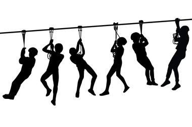 Silhouettes of children playing with a tyrolean traverse clipart