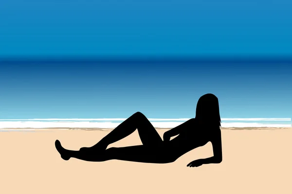 Jonge vrouw liggend op het strand door zee — Stockvector