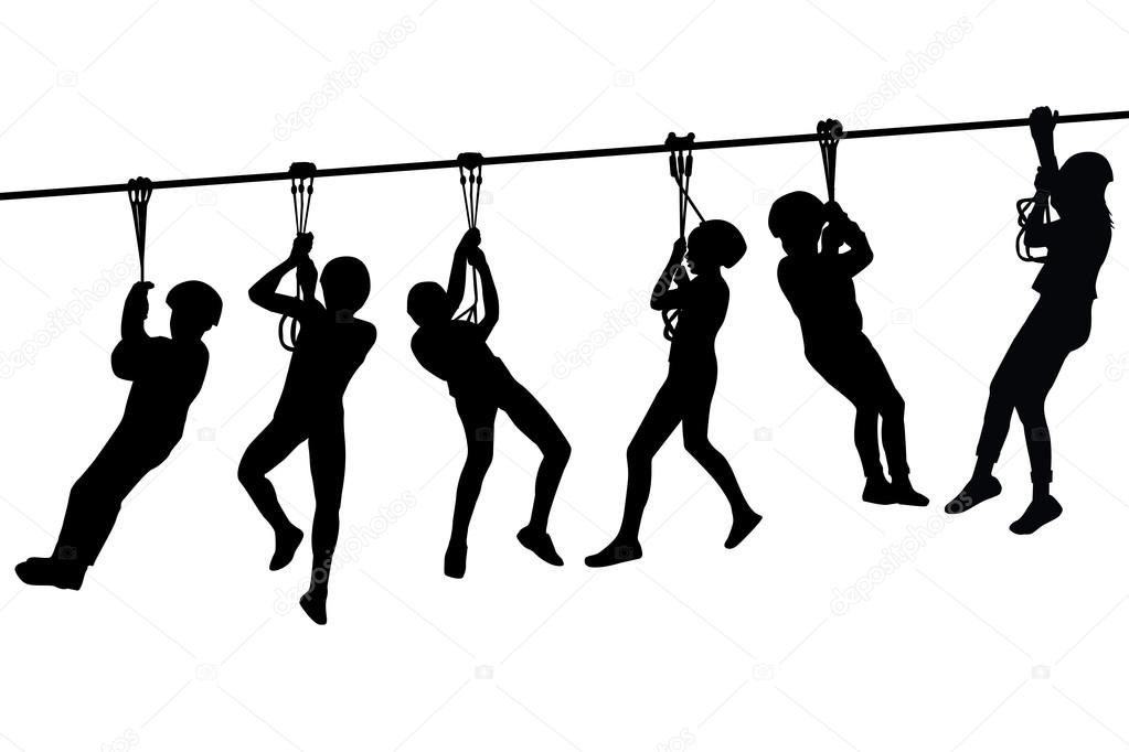 Silhouettes of children playing with a tyrolean traverse