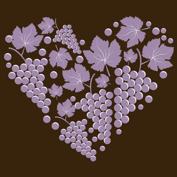 Uvas con hojas en forma de corazón — Vector de stock