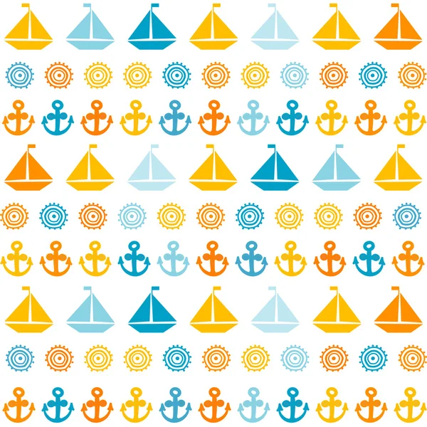 Cartoon seamless pattern with sail boats, anchors and stylized s — Stock Vector