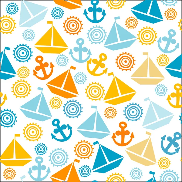 Cartoon seamless pattern with sail boats, anchors and stylized s — Stock Vector