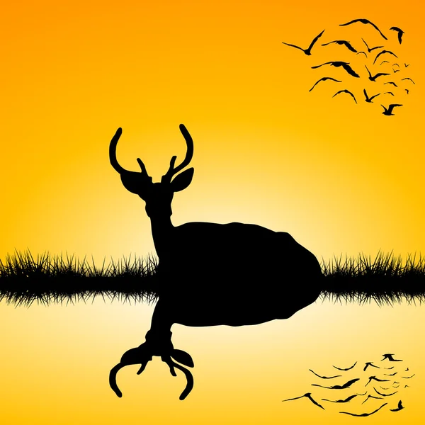 Paesaggio con sagoma di cervo al tramonto — Vettoriale Stock