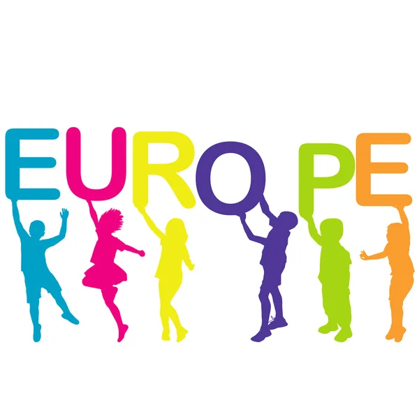 Crianças segurando cartas construindo a palavra EUROPE —  Vetores de Stock