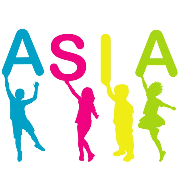 Dzieci trzymając listów budynku słowo Asia — Wektor stockowy