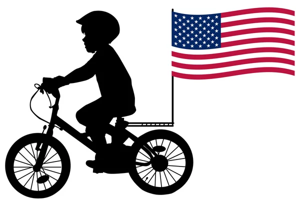 A kid silhouette rides a bicycle with USA flag — Stock Vector