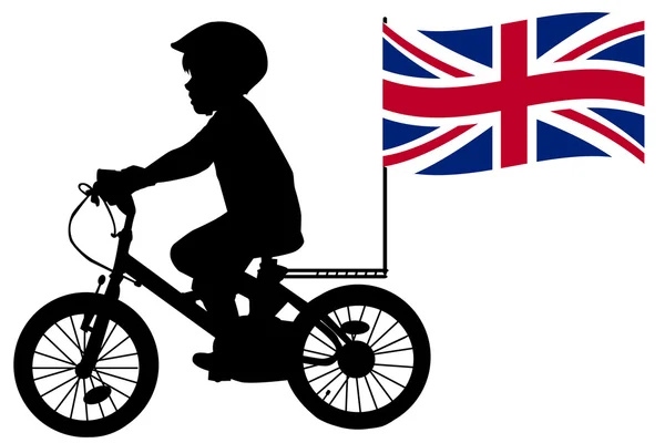 A kid silhouette rides a bicycle with United Kingdom flag — Stock Vector