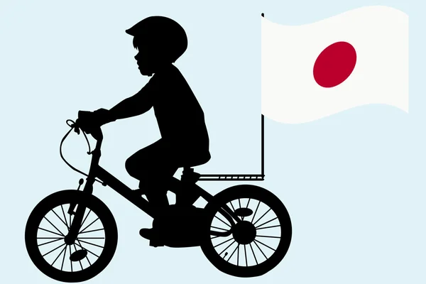 Een kind rijdt een fiets met Japanse vlag — Stockvector