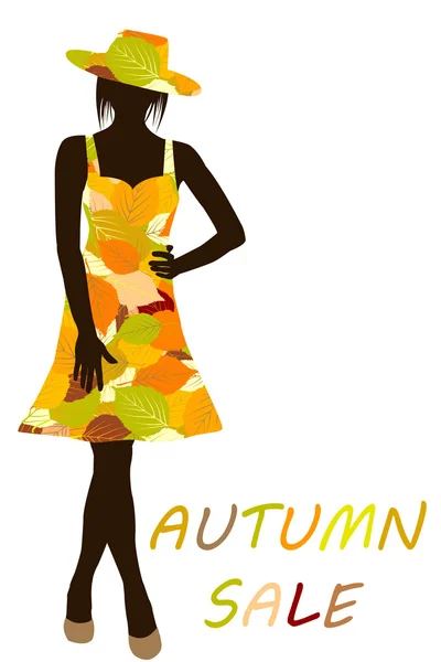 Autumn background with fashion woman with dress made of leaves — Stock Vector