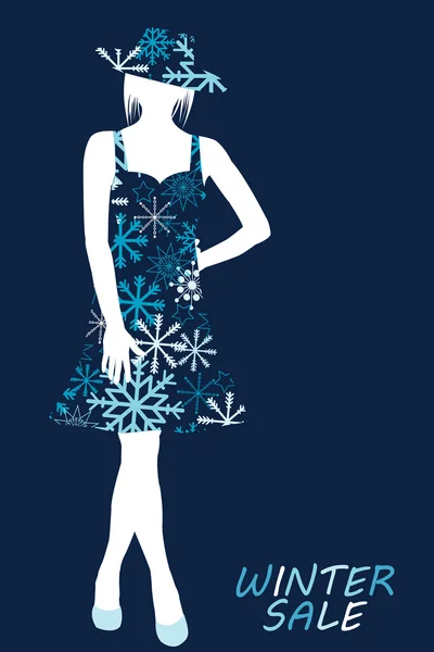 Inverno vendita illustrazione con donna silhouette in fiocchi di neve dre — Vettoriale Stock