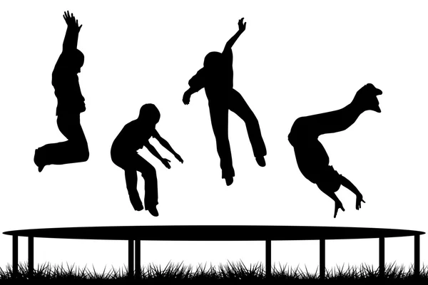 Siluetas para niños saltando en el trampolín de jardín — Archivo Imágenes Vectoriales