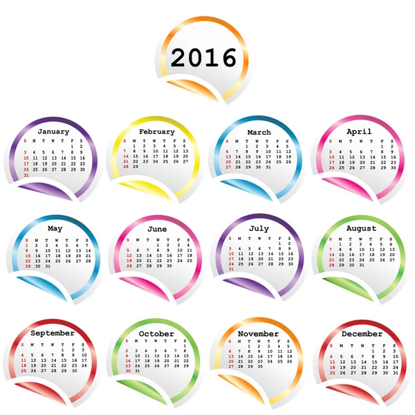 2016 Календар з круглими глянцевими наклейками — стоковий вектор