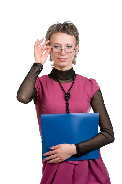 美丽的女商人在眼镜拿着文件夹 — 图库照片