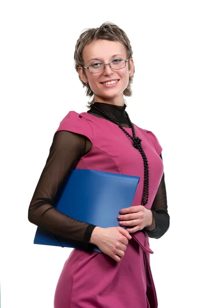 Business woman in glasses holding folder — стоковое фото