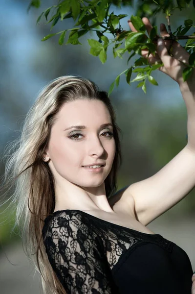 Beautiful Sexy Blonde Girl Black Blouse Posing Green Foliage — Stock Photo, Image