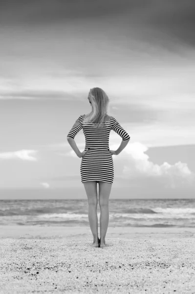 Beautiful Sexy Blonde Girl Striped Dress Posing Beach — Stock Photo, Image