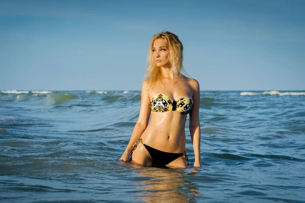 Krásná Sexy Blond Dívka Plavkách Pózuje Písečné Mořské Pláži Blízkosti — Stock fotografie