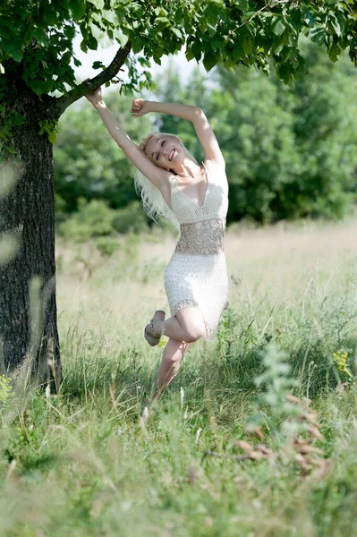Beautiful Sexy Blonde Girl Posing Sunny Summer Day Tree — Stock Photo, Image