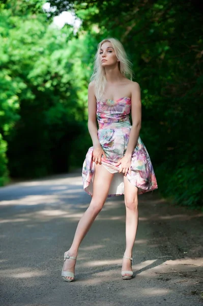 Beautiful Sexy Blonde Girl Posing Sunny Summer Day Roadside — Foto Stock