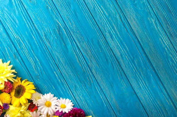 Summer Still Life Flowers Blue Boards Background — Stock Photo, Image