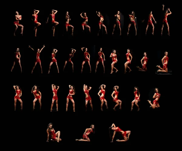 Set Vorhanden Schöne Brünette Mädchen Einem Roten Tanzkleid Tänzer Auf — Stockfoto