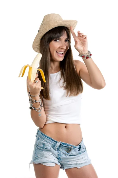 Menina sexy no chapéu com banana — Fotografia de Stock