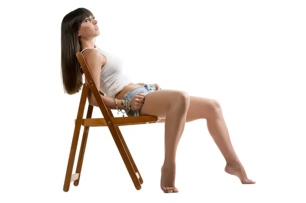 Girl with wooden folding chair — Stock Photo, Image