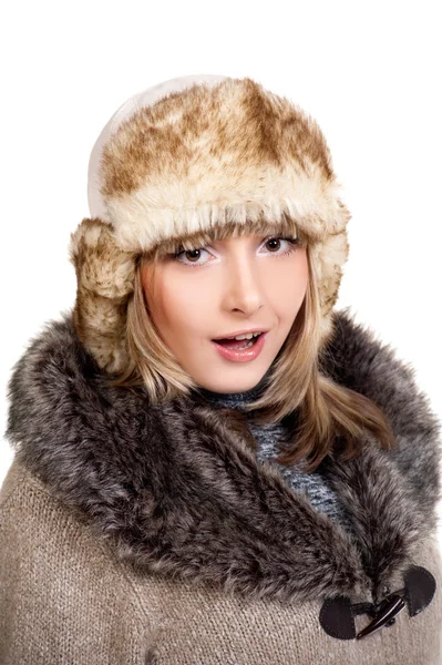 Menina sexual no chapéu de pele de inverno — Fotografia de Stock