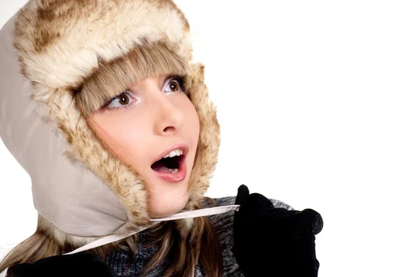 Curious Sexual girl in winter fur hat — Stock Photo, Image