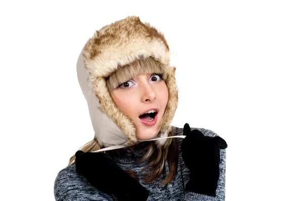 Curious Sexual girl in winter fur hat — Stock Photo, Image