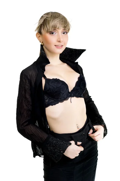 Sexuella flicka i svart kostym — Stockfoto