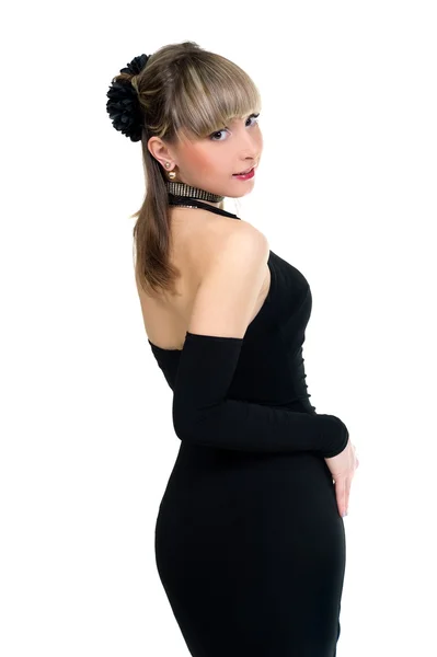 Beautiful blonde girl in black dress — Stock Photo, Image