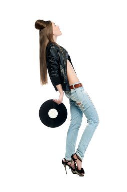 Vinil disk tutan güzel kız kız