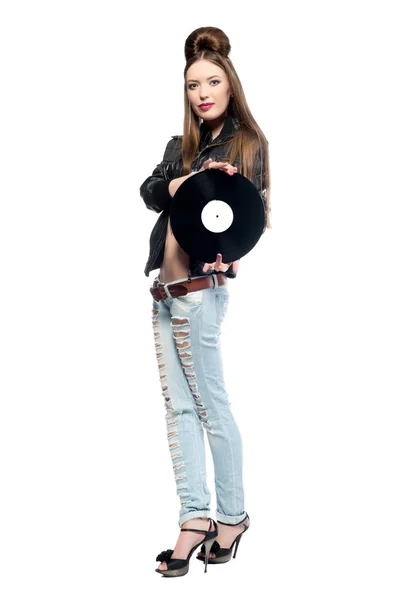 Menina bonita menina segurando disco de vinil — Fotografia de Stock