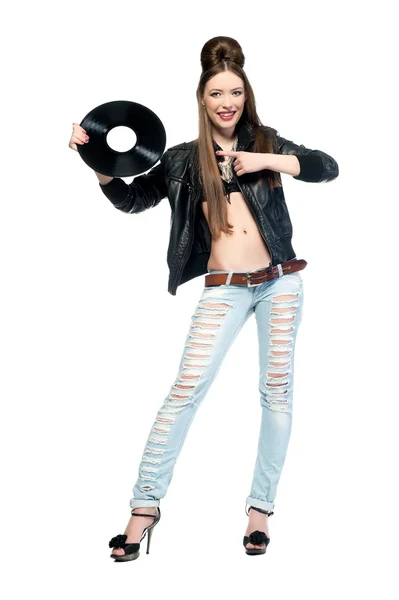 Hermosa chica sosteniendo disco de vinilo — Foto de Stock