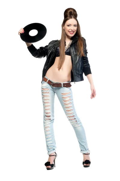 Krásná dívka dívka drží vinyl disk — Stock fotografie