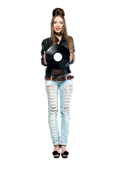 Beautiful girl girl  holding vinyl disc — Stock Photo, Image