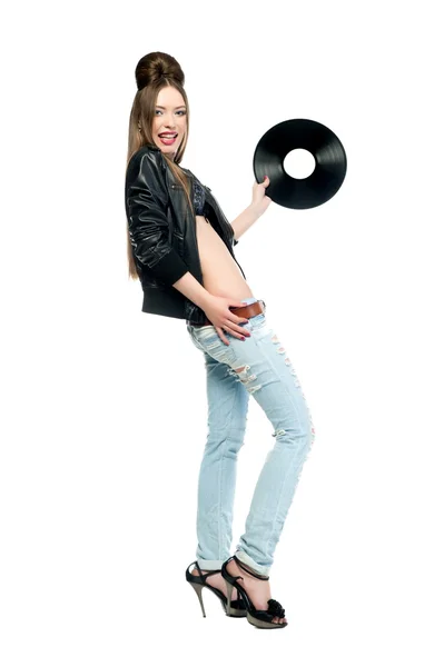 Beautiful girl girl  holding vinyl disc — Stock Photo, Image