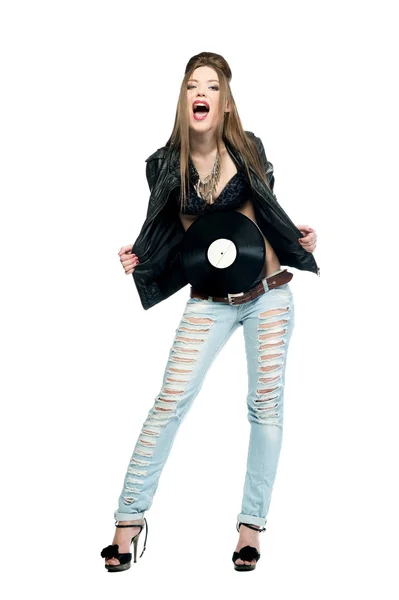 Hermosa chica sosteniendo disco de vinilo — Foto de Stock