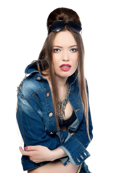 Menina sexy em uma jaqueta de ganga — Fotografia de Stock