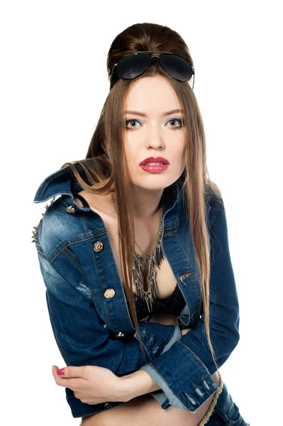 Menina sexy em uma jaqueta de ganga — Fotografia de Stock