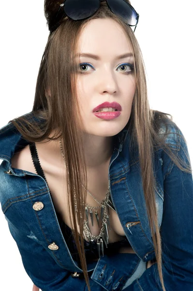 Sexy girl in a denim jacket — Stock Photo, Image