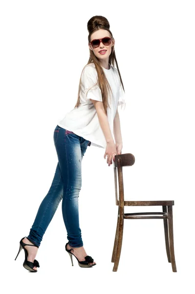 Sexy girl in jeans and a T-shirt — Stock Photo, Image