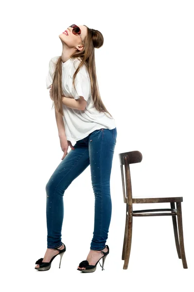 Sexy girl in jeans and a T-shirt — Stock Photo, Image