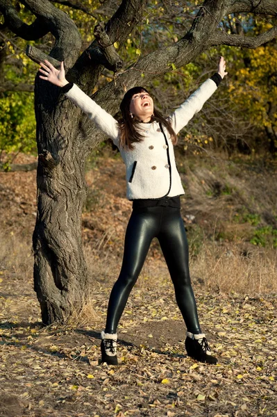 Brunette posing in autumn park — Stock Photo, Image
