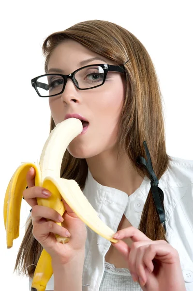 性的黑发和香蕉的合影 — 图库照片