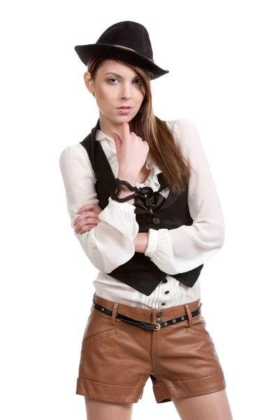 Brunette posing with hat — Stock Photo, Image