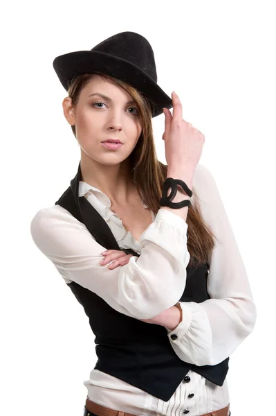 Brunette posing with hat — Stock Photo, Image