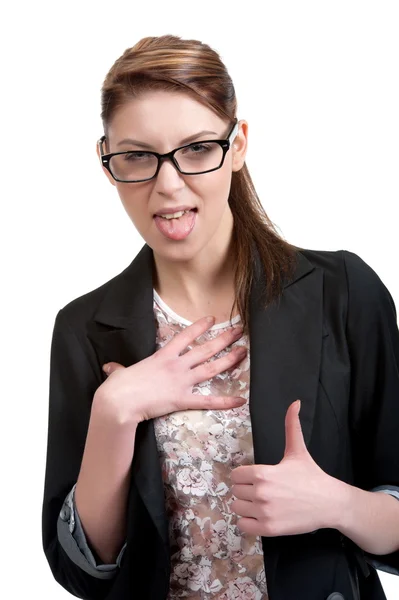 Girl brunette showing sign — Stock Photo, Image