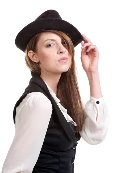 Brunette posant avec un chapeau — Photo